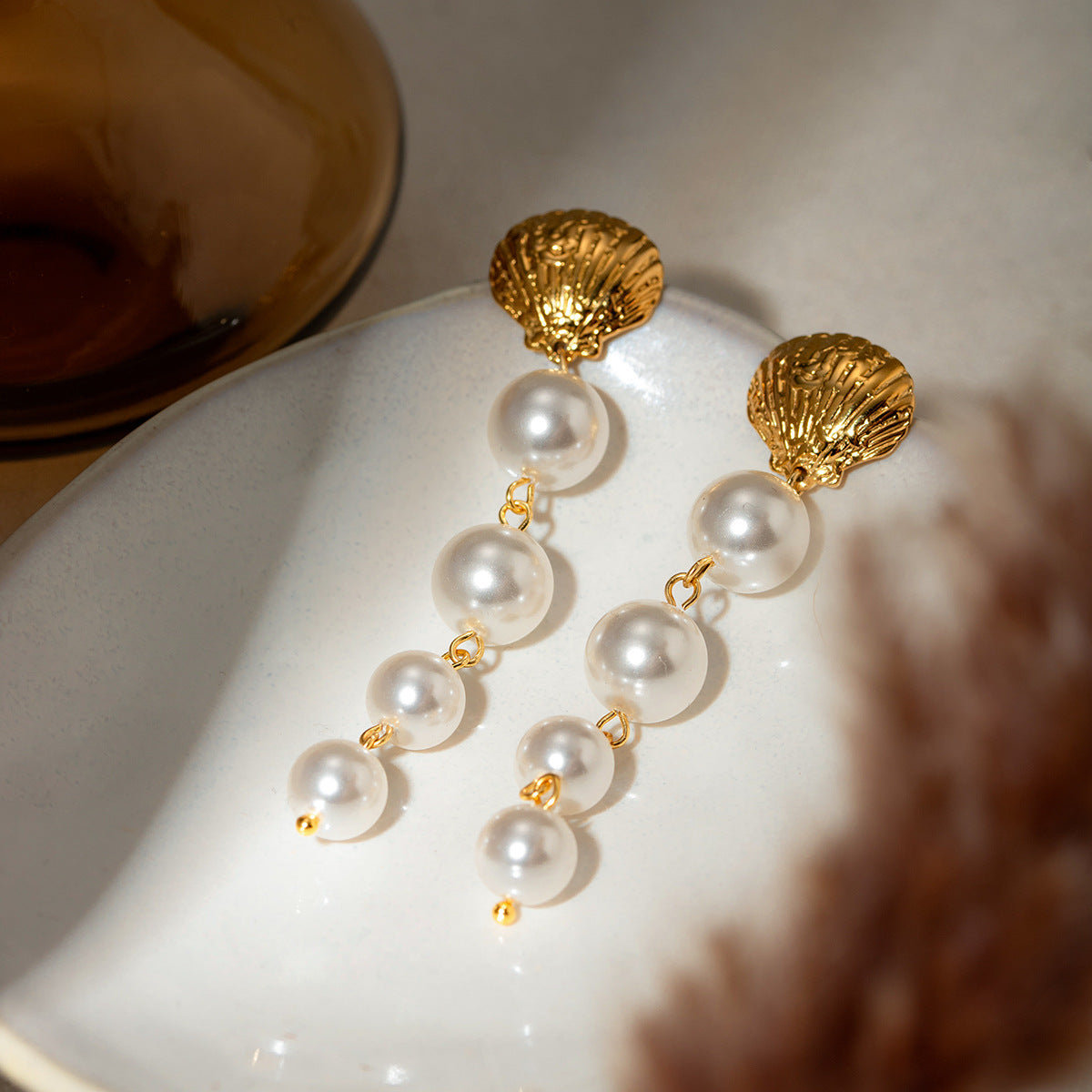 18K Gold Shell & Pearl Long Drop Earring