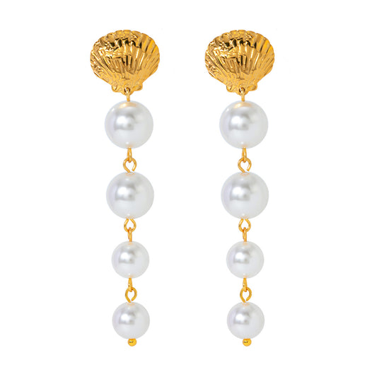 18K Gold Shell & Pearl Long Drop Earring