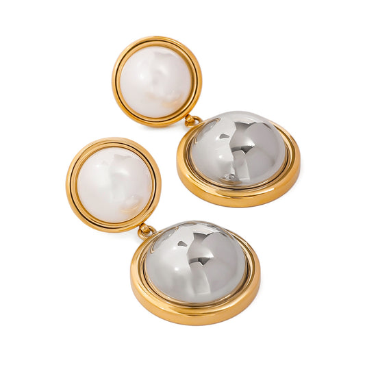 18K Gold Round Pearl with Metallic Drop Earring