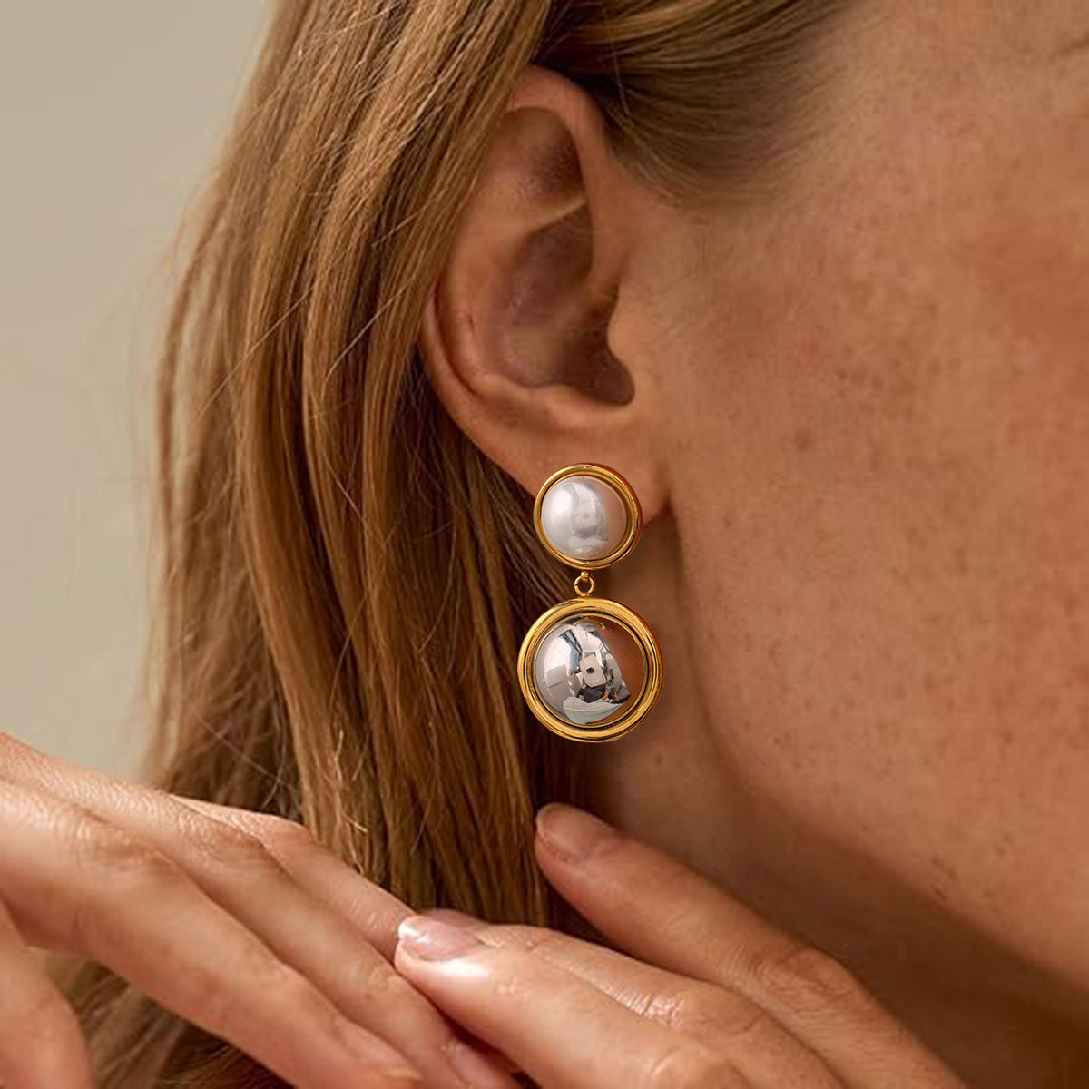 18K Gold Round Pearl with Metallic Drop Earring